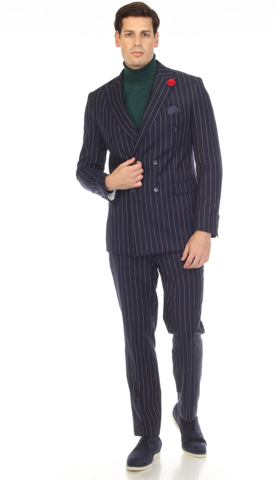 Norbury Navy White 6 Button Slim Peak Lapel Suit With Double Breasted Suit Pick Stitching Ticket Pocket