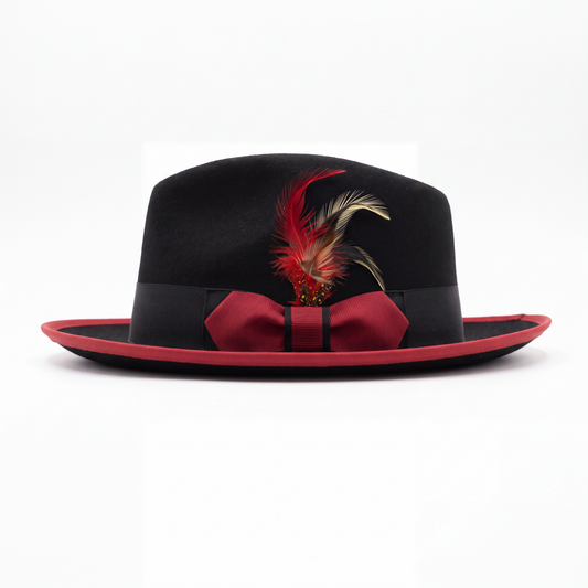 Mens Fedora Hat - Black & Red - Short Brim Dress Hat