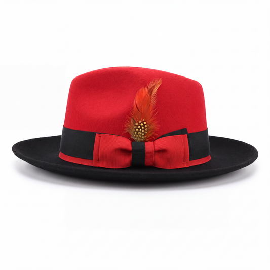 Mens Fedora Hat - Red & Black - Short Brim Dress Hat