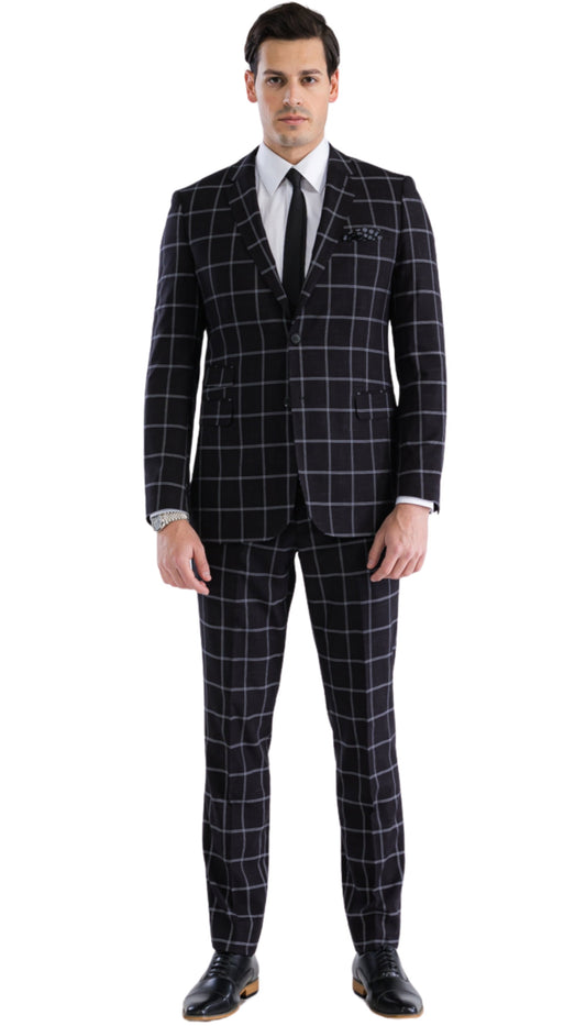 Frederick Copper Black 2 Button Slim Notch Lapel Suit With Pick Stitching "U" Shaped Vest Double Breasted
