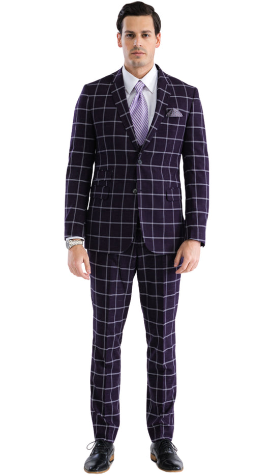 Marquis Copper Burgundy 2 Button Slim Notch Lapel Suit With Pick stitching "U" Shaped Vest Double Breasted