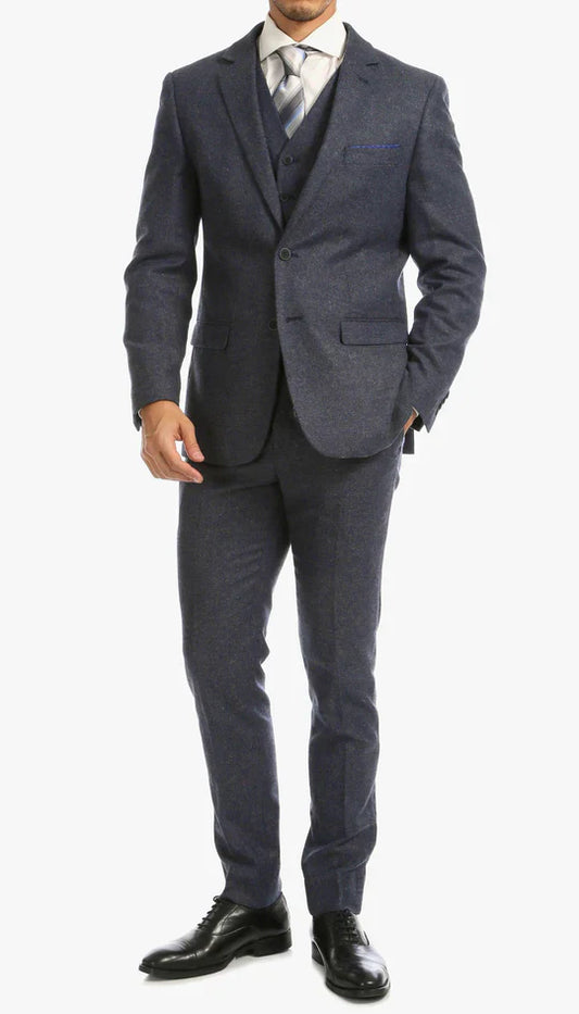 SPINA MEN'S NAVY SLIM FIT 3-PIECE SUIT | NOTCH LAPEL & HERRINGBONE WEAVE