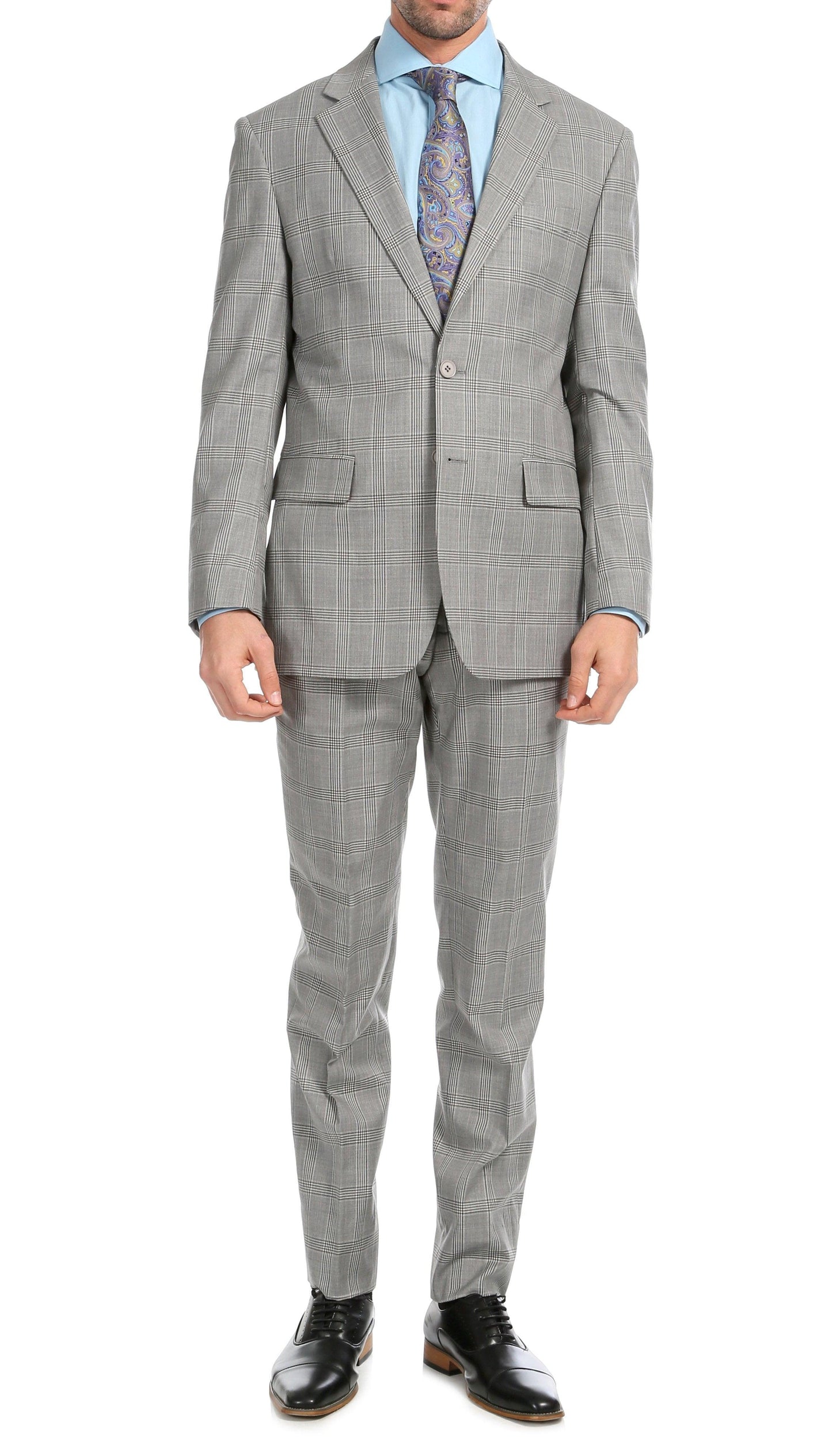 Lancaster Light Grey Plaid Check Premium 2-Piece Wool Slim Fit Suit