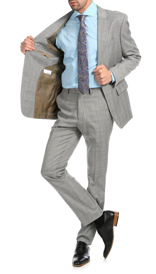 Lancaster Light Grey Plaid Check Premium 2-Piece Wool Slim Fit Suit
