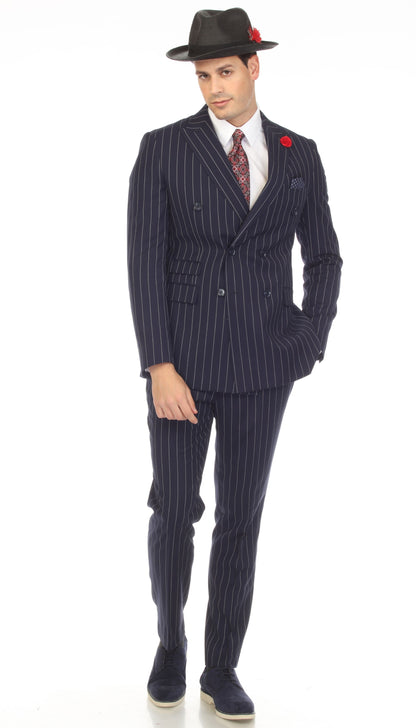 Norbury Navy White 6 Button Slim Peak Lapel Suit With Double Breasted Suit Pick Stitching Ticket Pocket
