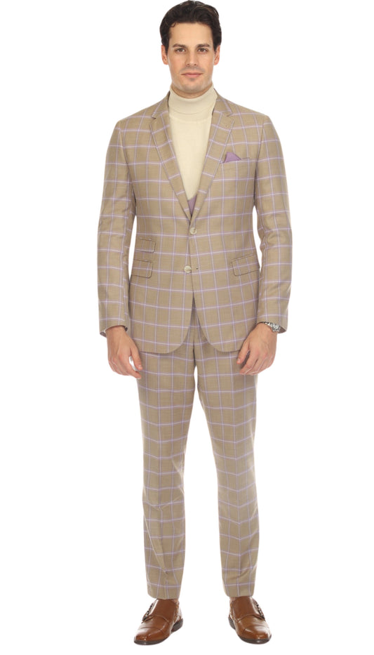 Consort Tan 2 Button Slim Notch Lapel Suit With Pick stitching "U" Shaped Vest Double Breasted Contrast Vest