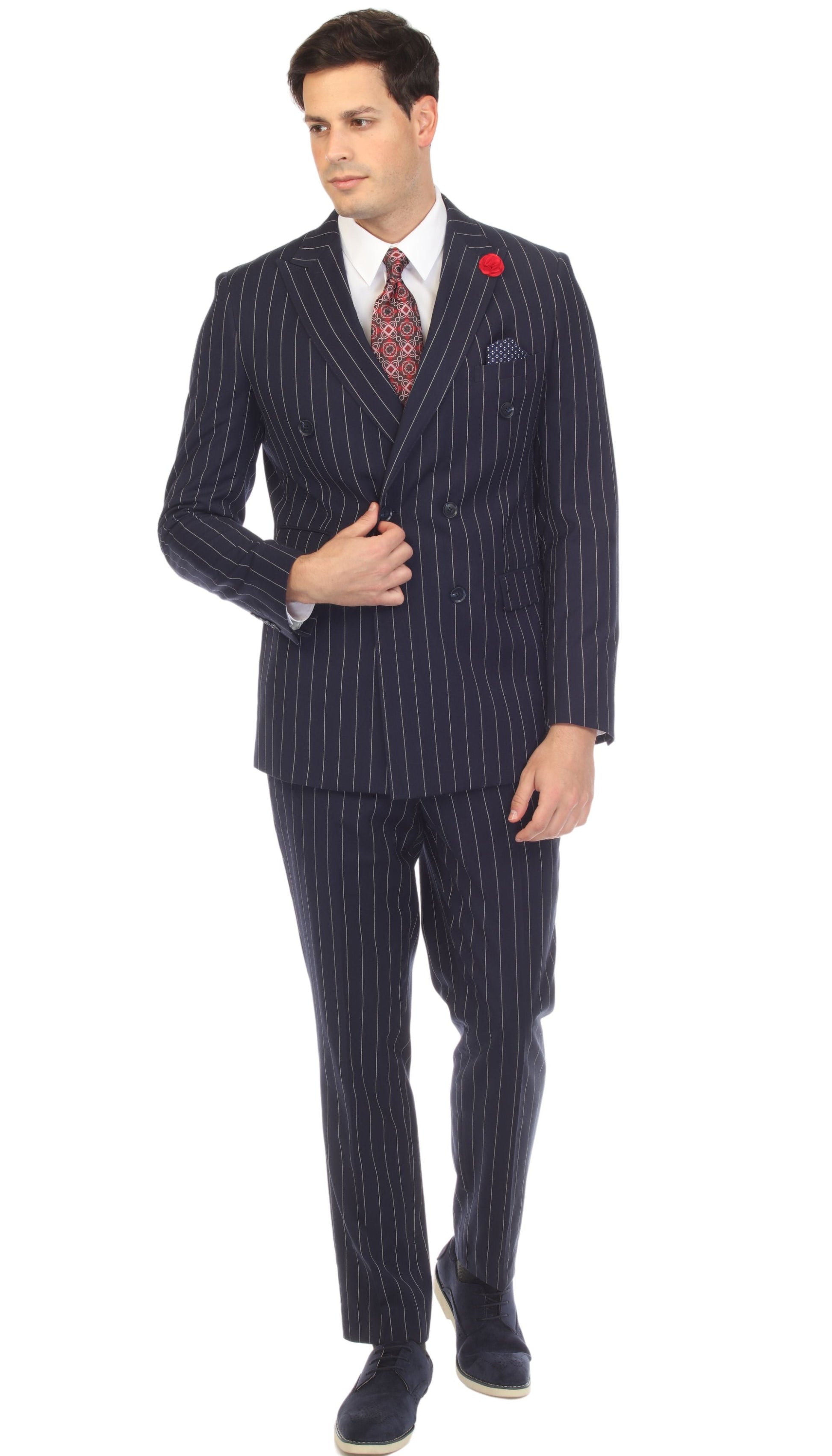 Norbury Navy White 6 Button Slim Peak Lapel Suit With Double Breasted Suit Pick Stitching Ticket Pocket