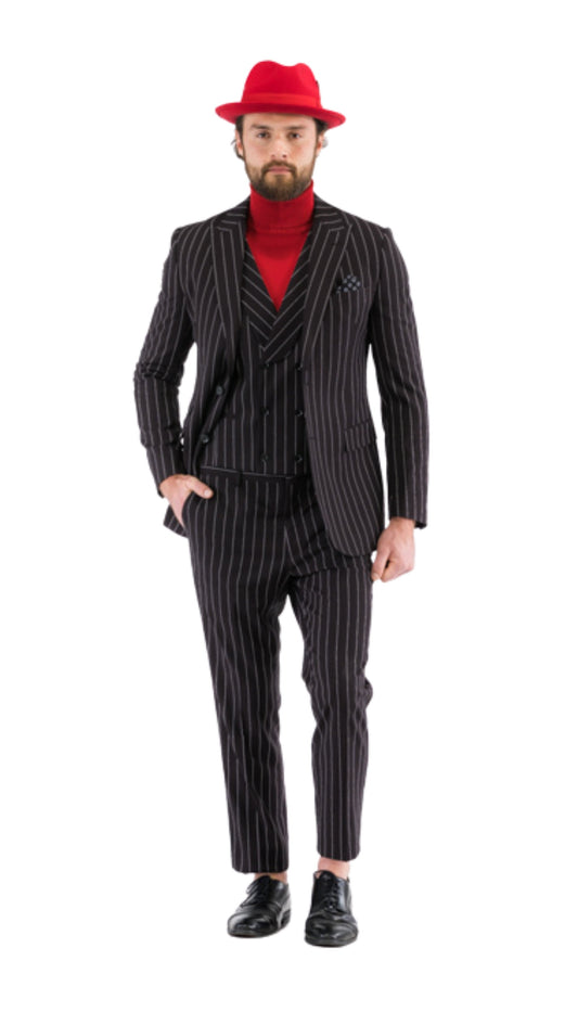 Hanover Black White 2 Button Slim Peak Lapel Suit With Pick Stitching Ticket Pocket Double Breasted Vest With Shawl Lapel