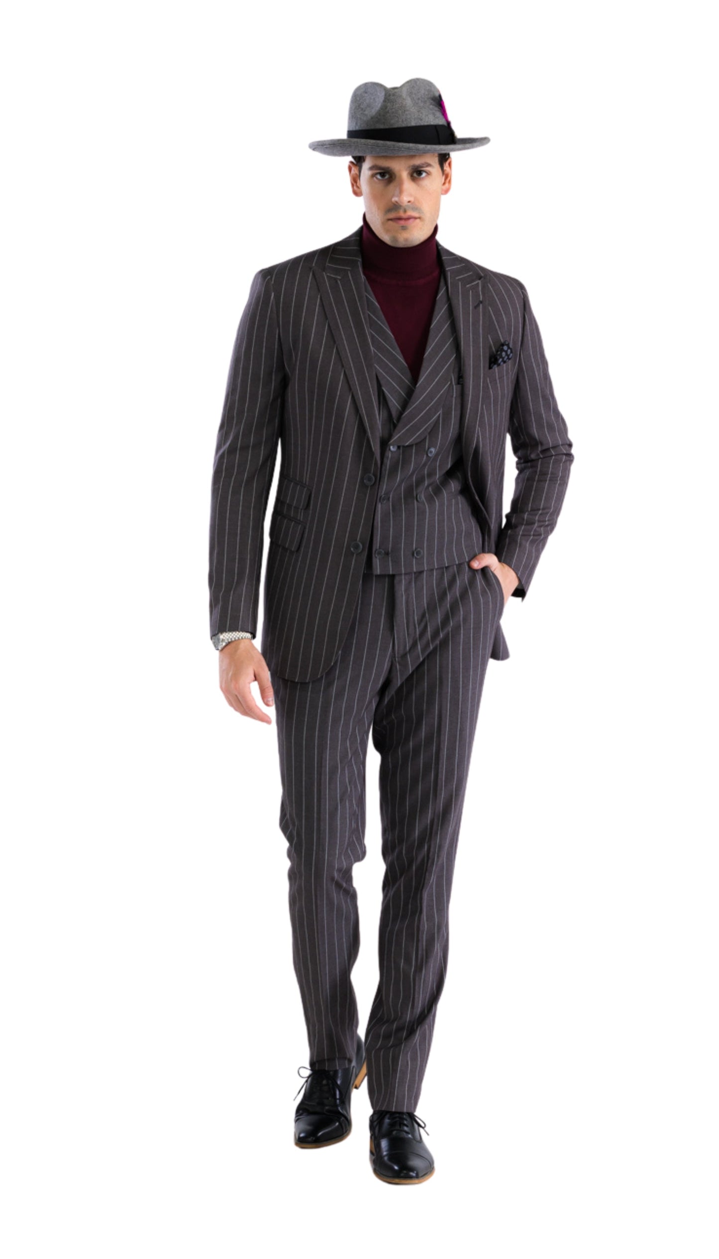 Hanover Grey White 2 Button Slim Peak Lapel Suit With Pick stitching Ticket Pocket Double Breasted Vest With Shawl Lapel
