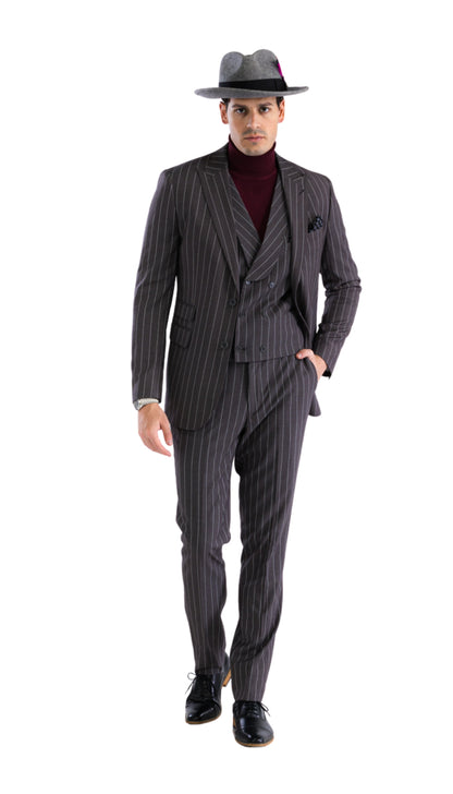 Hanover Grey White 2 Button Slim Peak Lapel Suit With Pick stitching Ticket Pocket Double Breasted Vest With Shawl Lapel