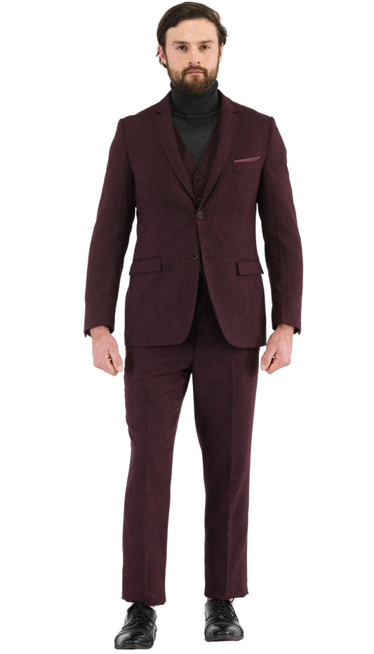 LANA MEN'S BURGUNDY SLIM FIT 3-PIECE TWEED SUIT | NOTCH LAPEL & TWEED WEAVE