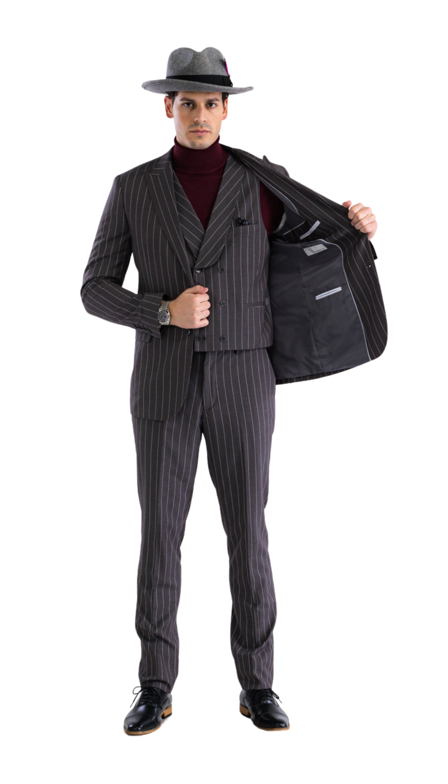 Hanover Grey White 2 Button Slim Peak Lapel Suit With Pick stitching Ticket Pocket Double Breasted Vest With Shawl Lapel