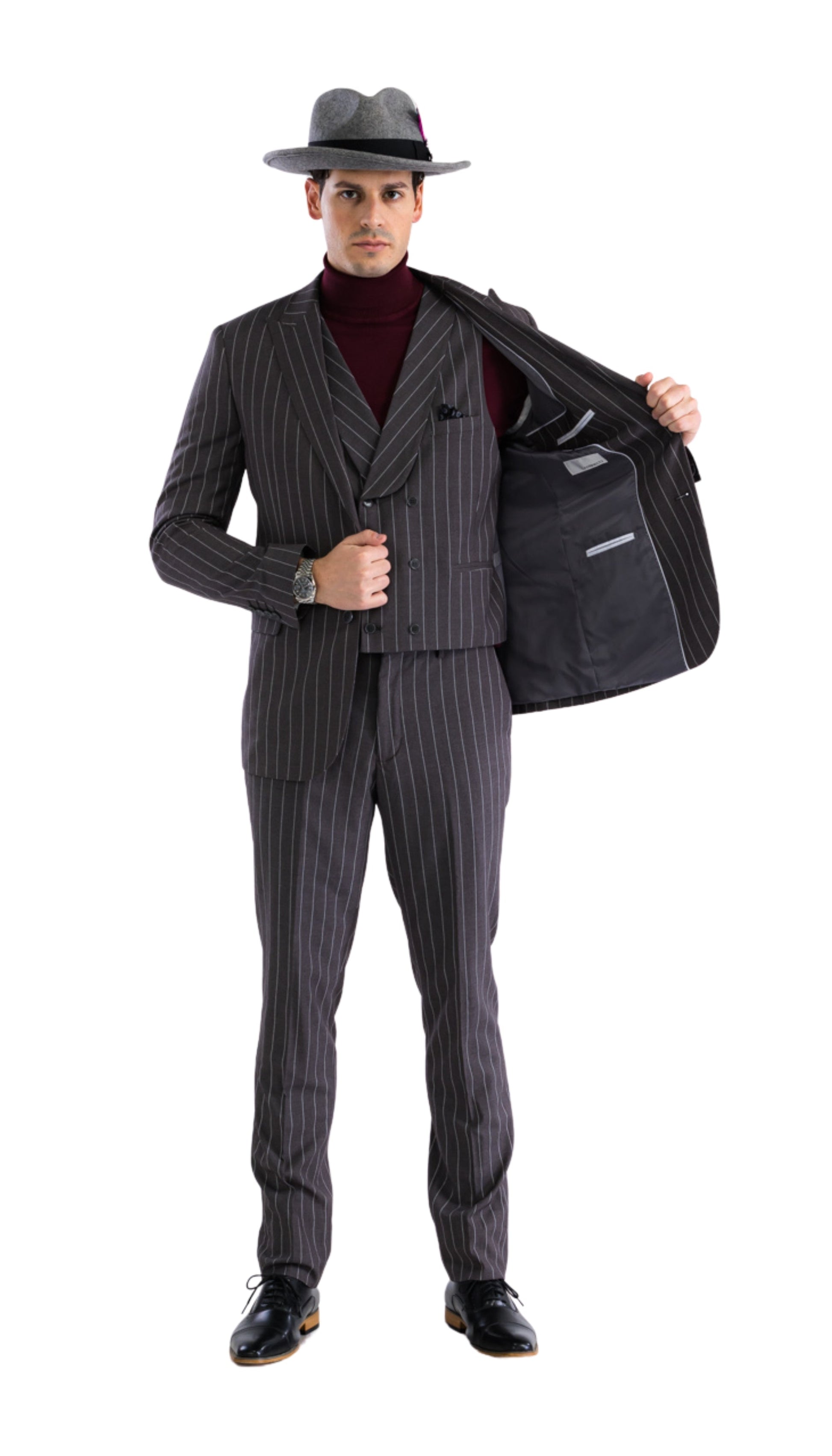 Hanover Grey White 2 Button Slim Peak Lapel Suit With Pick stitching Ticket Pocket Double Breasted Vest With Shawl Lapel