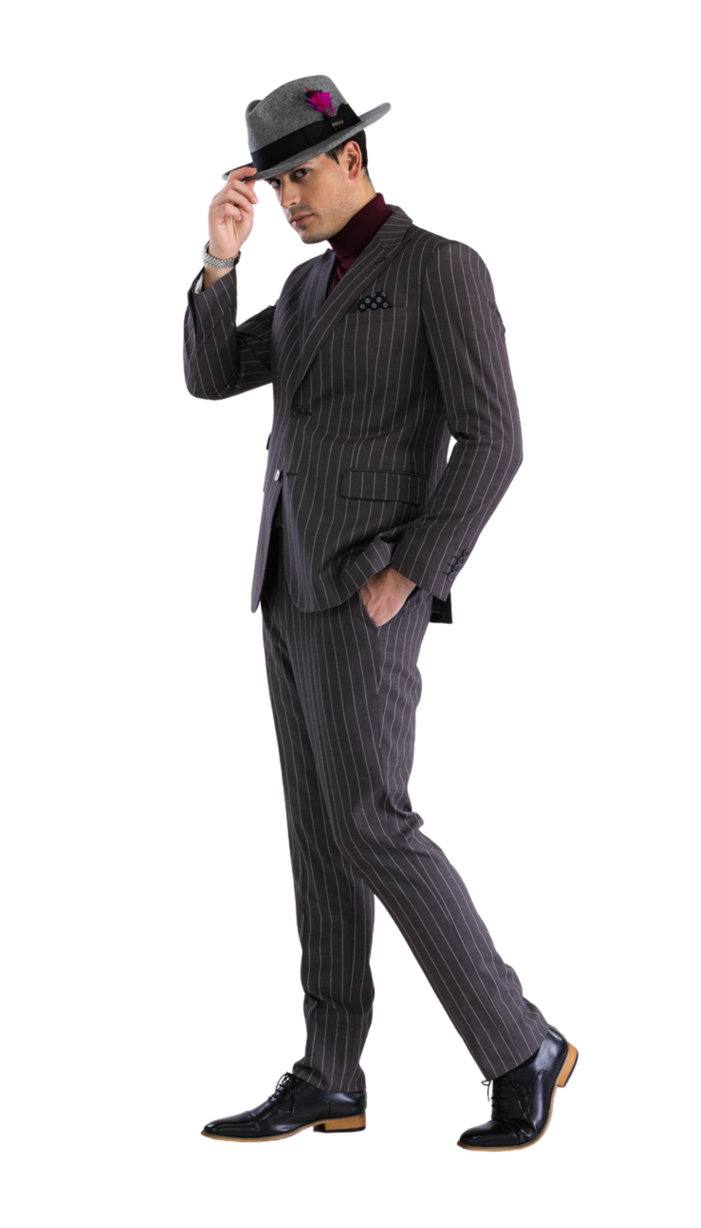 Hanover Grey White 2 Button Slim Peak Lapel Suit With Pick stitching Ticket Pocket Double Breasted Vest With Shawl Lapel