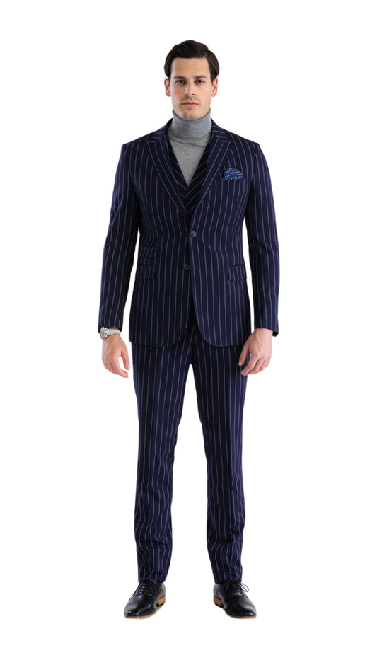 Hanover Navy White 2 Button Slim Peak Lapel Suit With Pick Stitching Ticket Pocket Double Breasted Vest With Shawl Lapel