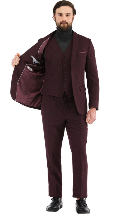 LANA MEN'S BURGUNDY SLIM FIT 3-PIECE TWEED SUIT | NOTCH LAPEL & TWEED WEAVE