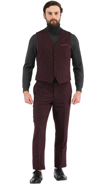 LANA MEN'S BURGUNDY SLIM FIT 3-PIECE TWEED SUIT | NOTCH LAPEL & TWEED WEAVE