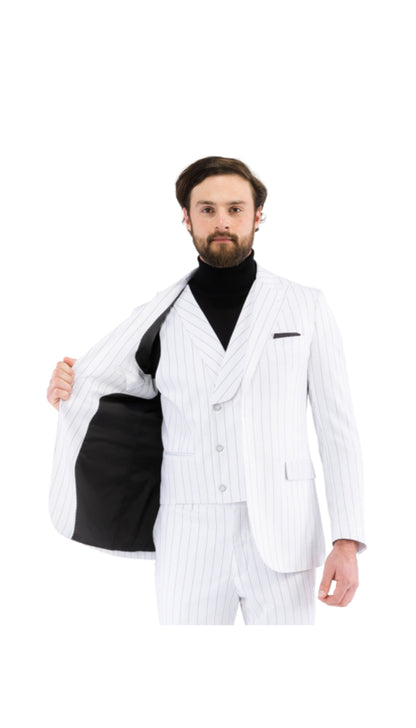Hanover White Black 2 Button Slim Peak Lapel Suit With Pick Stitching Ticket Pocket Double Breasted Vest With Shawl Lapel