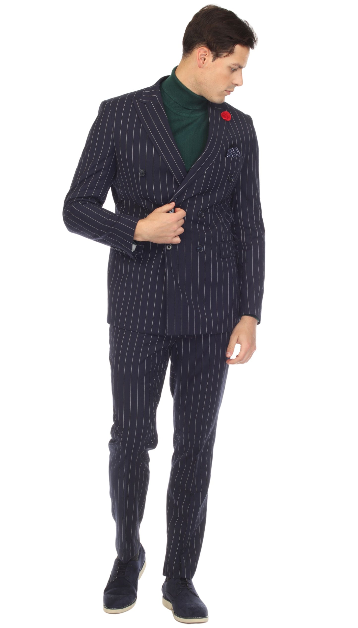 Norbury Navy White 6 Button Slim Peak Lapel Suit With Double Breasted Suit Pick Stitching Ticket Pocket