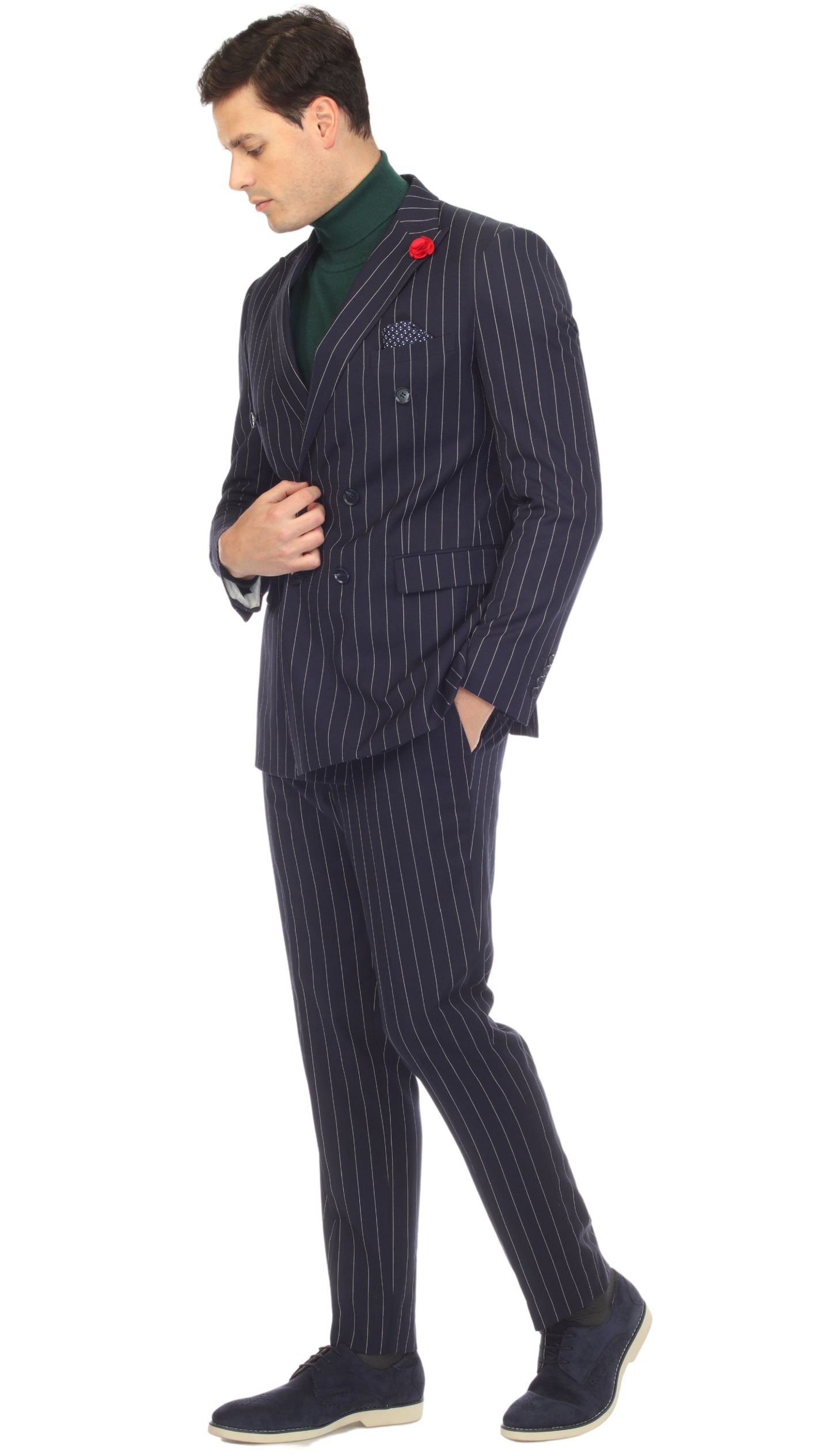 Norbury Navy White 6 Button Slim Peak Lapel Suit With Double Breasted Suit Pick Stitching Ticket Pocket