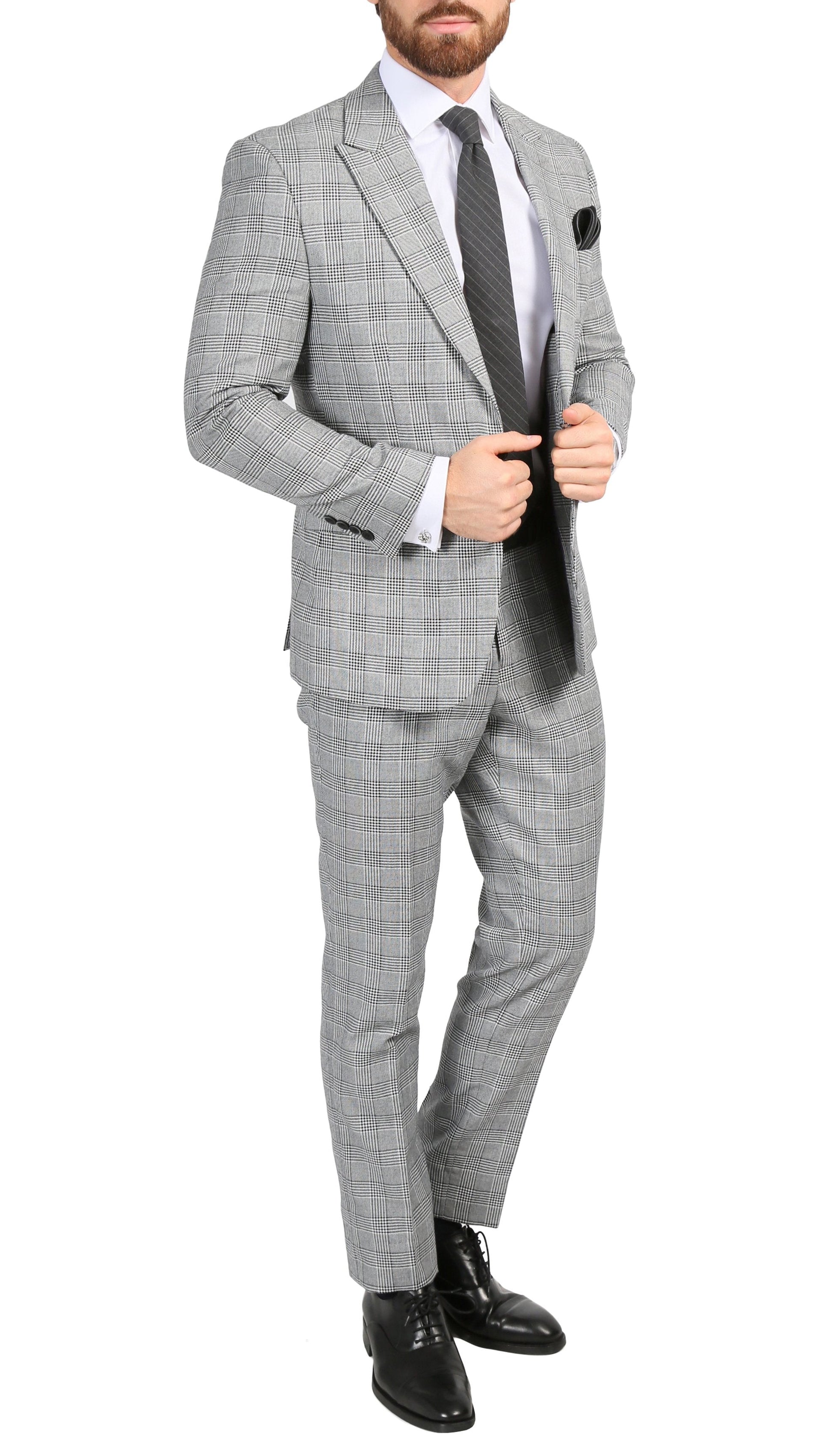 Ravensworth Grey Skinny Slim Fit 2-Piece Glen Plaid Peak Lapel Suit