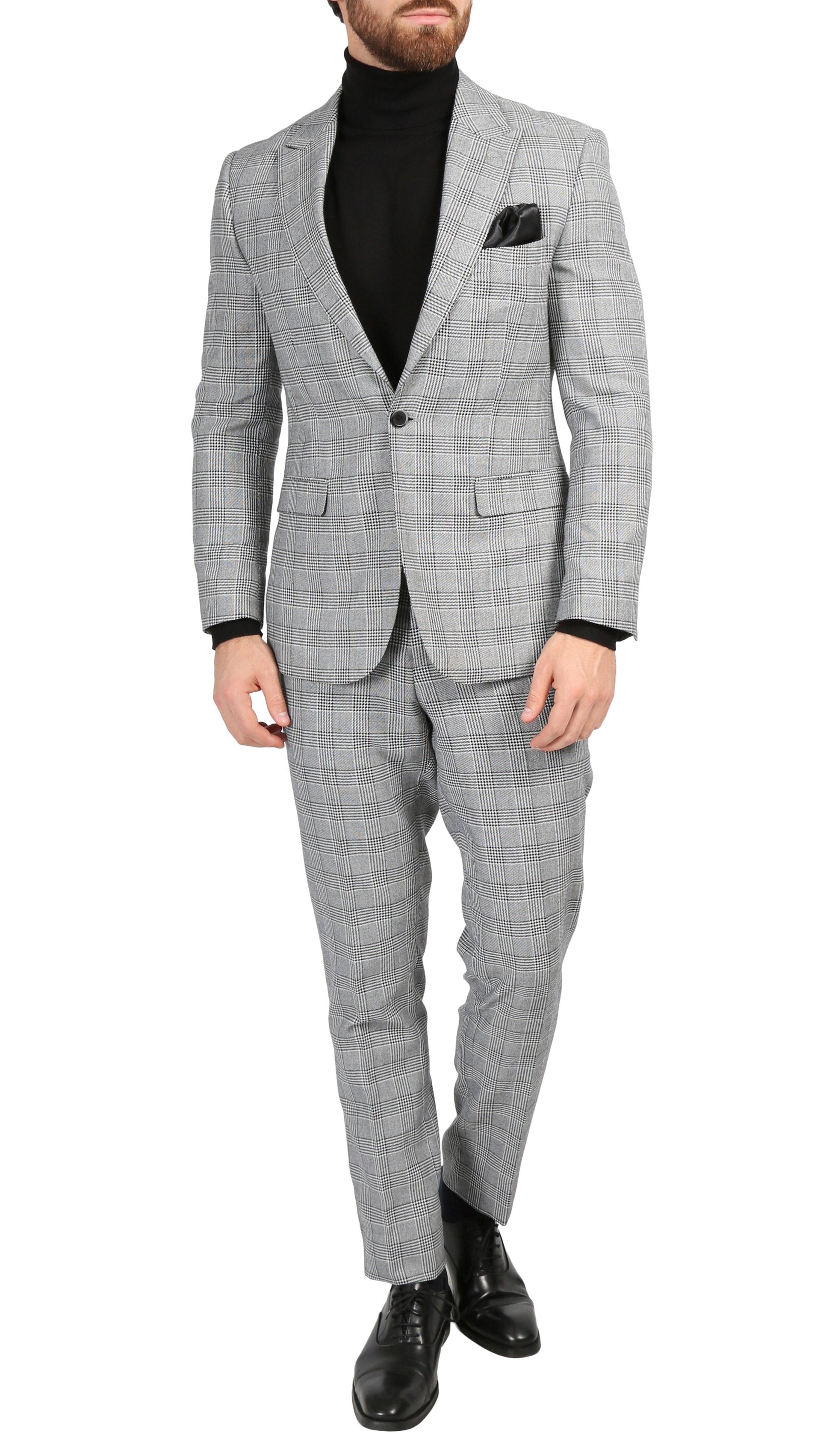 Ravensworth Grey Skinny Slim Fit 2-Piece Glen Plaid Peak Lapel Suit