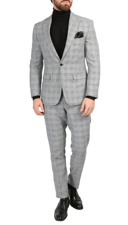 Ravensworth Grey Skinny Slim Fit 2-Piece Glen Plaid Peak Lapel Suit