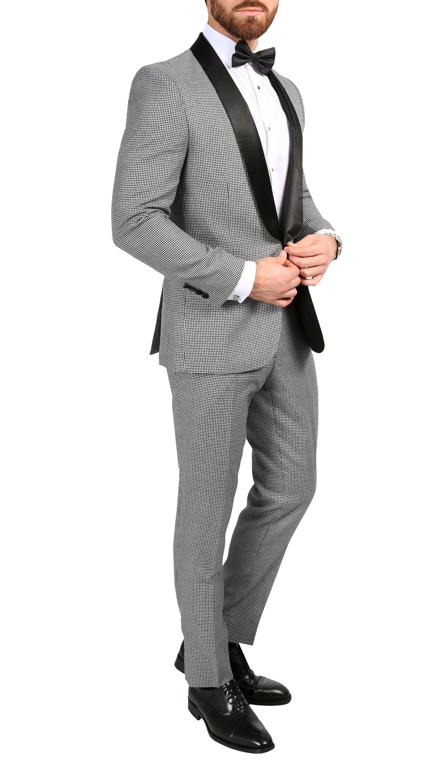 Cavendish Skinny Slim Fit Houndstooth Shawl Lapel 2-Piece Tuxedo