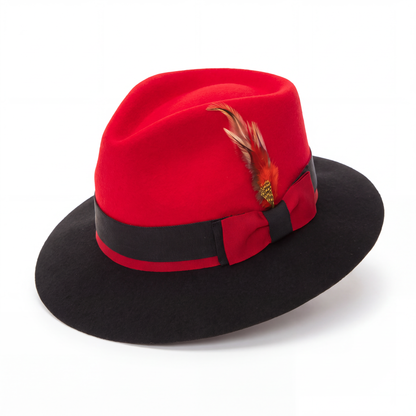Mens Fedora Hat - Red & Black - Short Brim Dress Hat