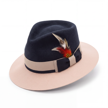 Mens Fedora Hat - Navy & Beige - Short Brim Dress Hat