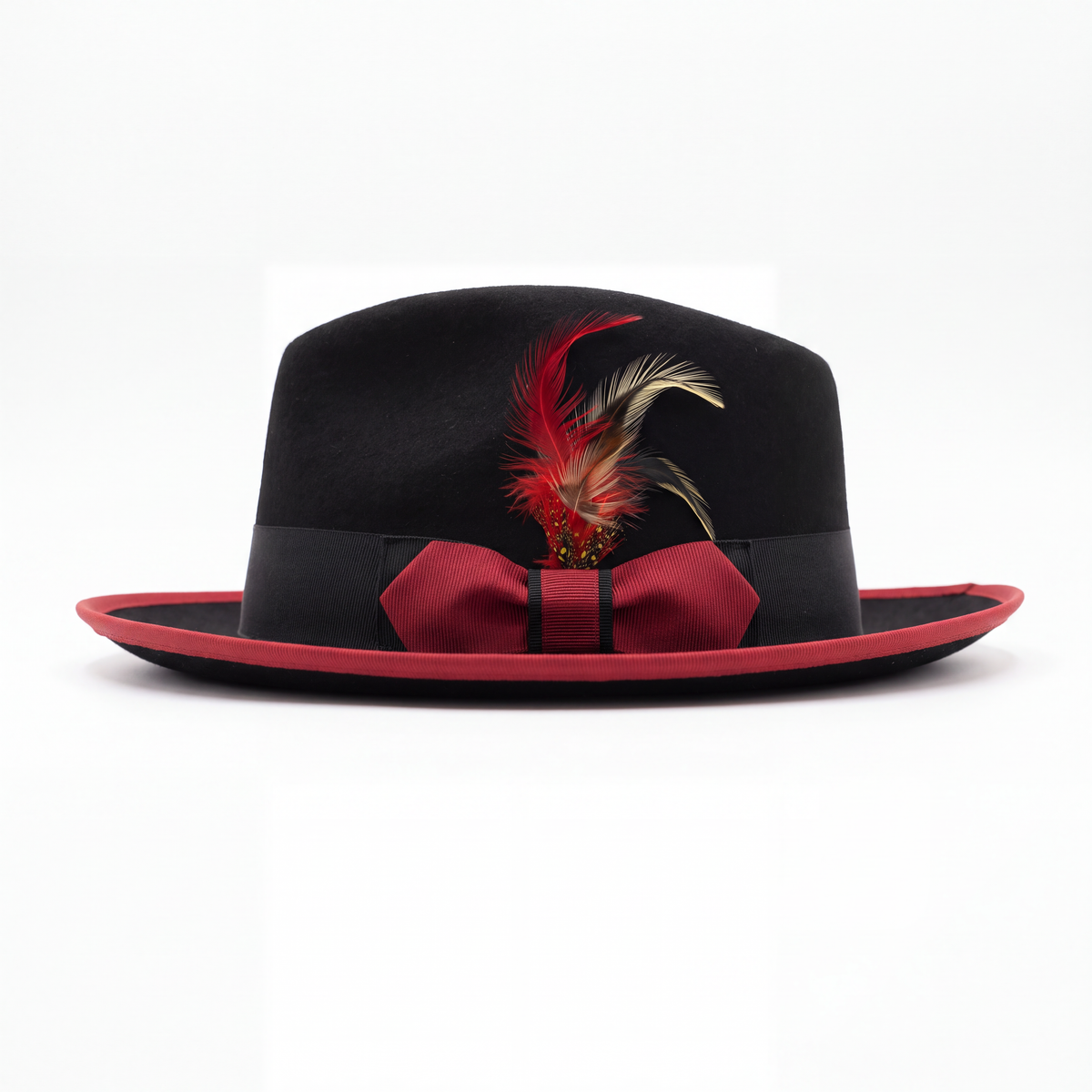 Mens Fedora Hat - Black & Red - Short Brim Dress Hat