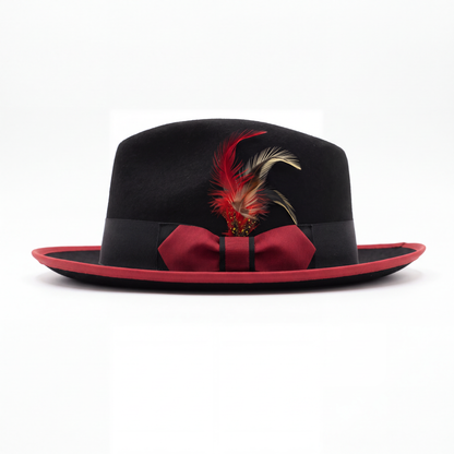 Mens Fedora Hat - Black & Red - Short Brim Dress Hat