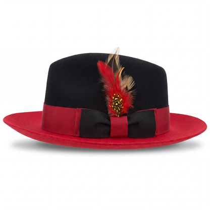Mens Fedora Hat - Black & Red - Short Brim Dress Hat