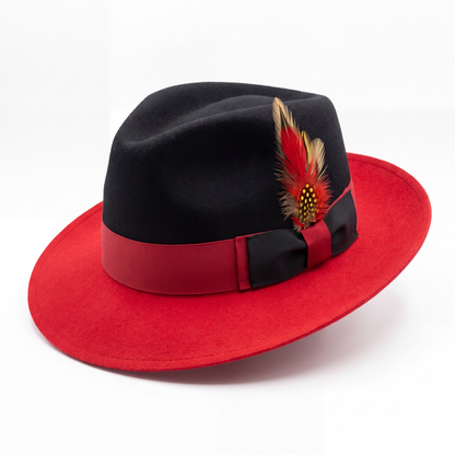 Mens Fedora Hat - Black & Red - Short Brim Dress Hat
