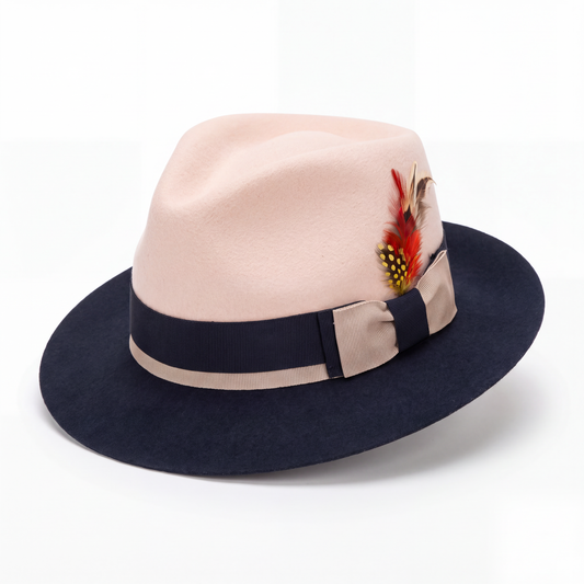 Mens Fedora Hat - Beige & Navy - Short Brim Dress Hat