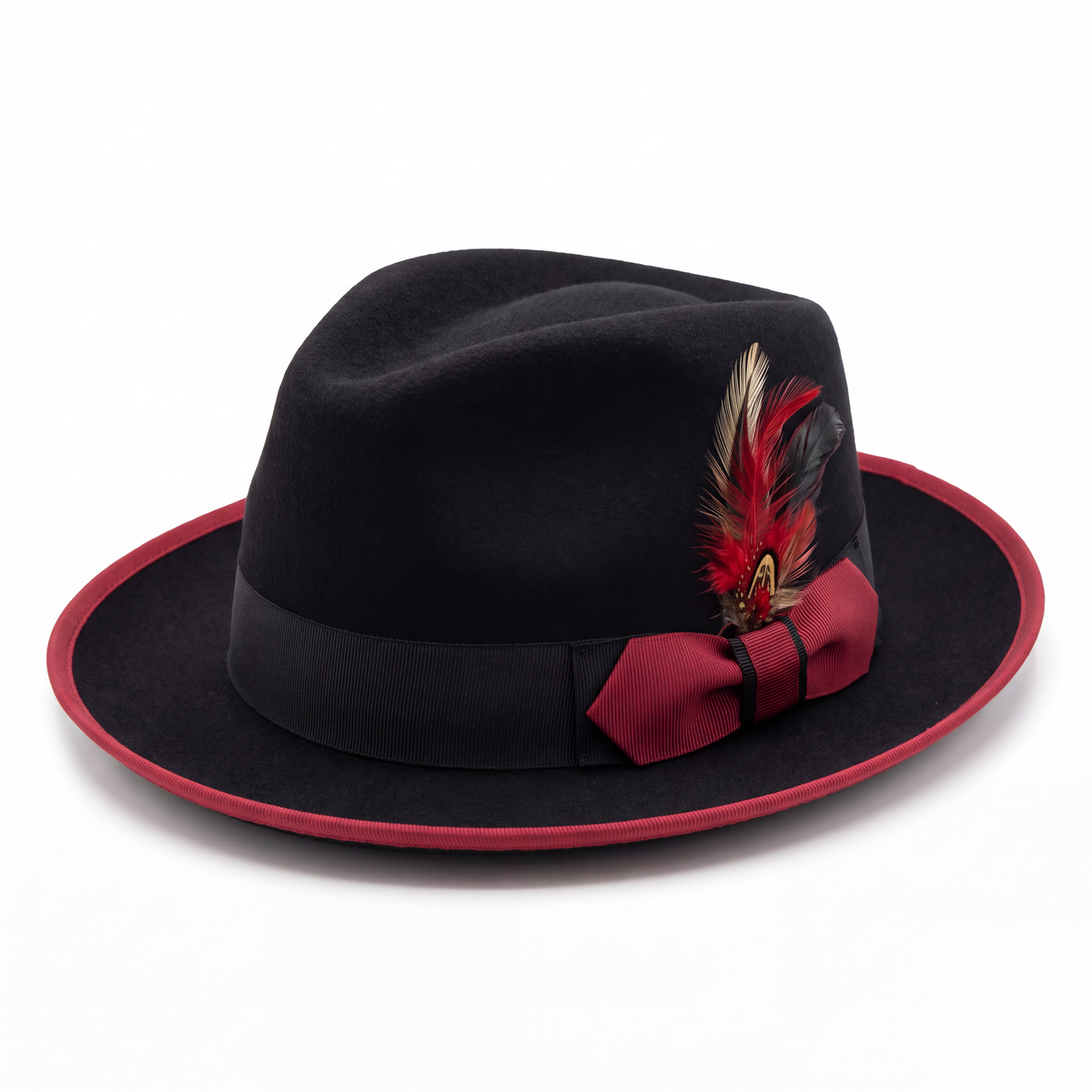 Mens Fedora Hat - Black & Red - Short Brim Dress Hat