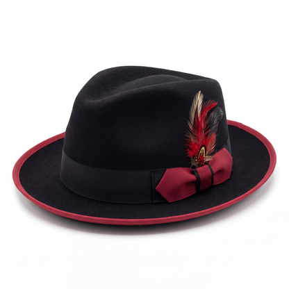 Mens Fedora Hat - Black & Red - Short Brim Dress Hat