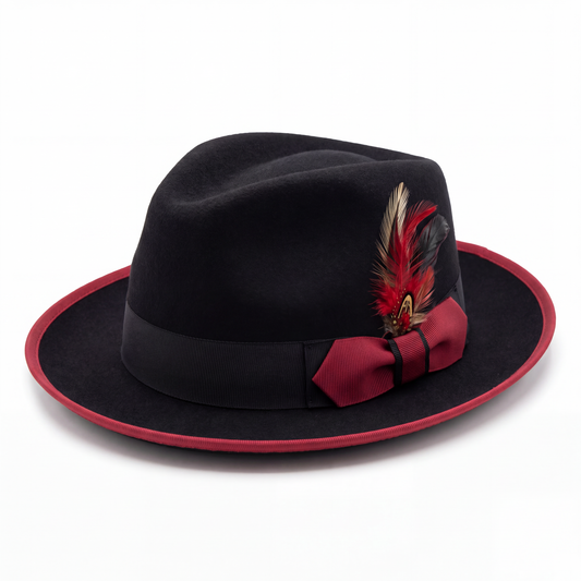 Mens Fedora Hat - Black & Red - Short Brim Dress Hat