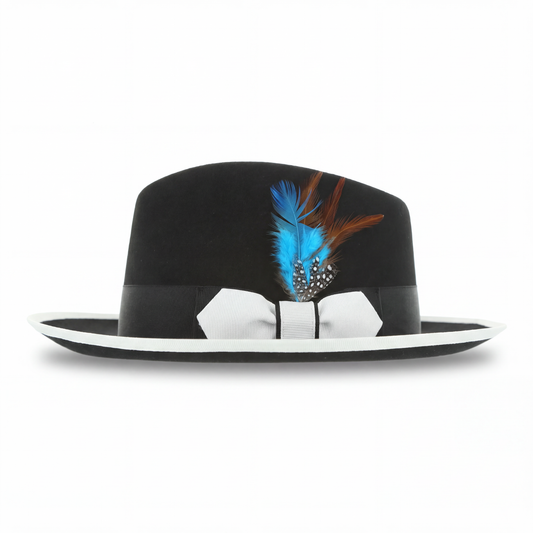 Mens Fedora Hat - Black & White -  Short Brim Dress Hat