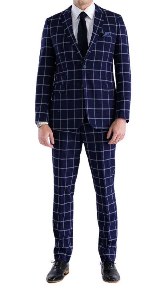 Rutland Copper Navy 2 Button Slim Notch Lapel Suit With Pick stitching "U" Shaped Vest Double Breasted