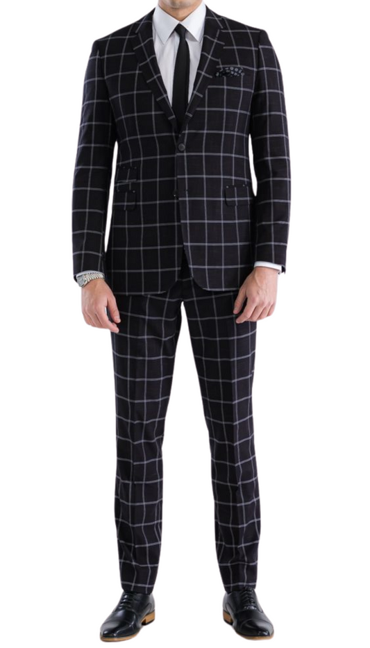 Frederick Copper Black 2 Button Slim Notch Lapel Suit With Pick Stitching "U" Shaped Vest Double Breasted