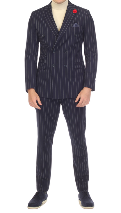 Norbury Navy White 6 Button Slim Peak Lapel Suit With Double Breasted Suit Pick Stitching Ticket Pocket