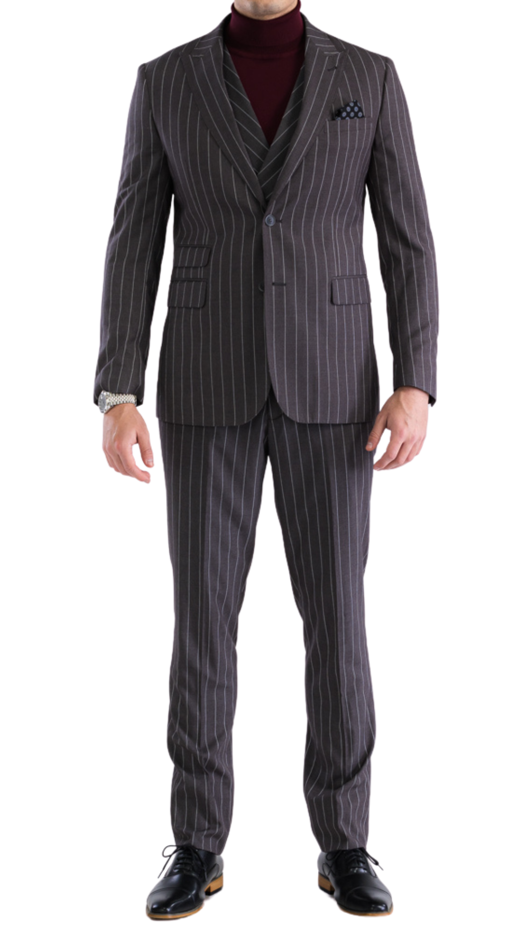 Hanover Grey White 2 Button Slim Peak Lapel Suit With Pick stitching Ticket Pocket Double Breasted Vest With Shawl Lapel