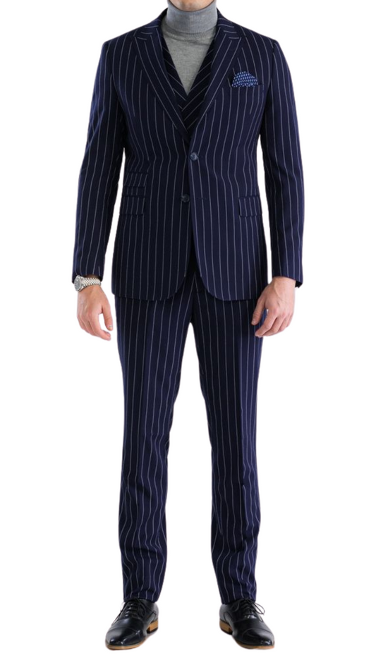 Hanover Navy White 2 Button Slim Peak Lapel Suit With Pick Stitching Ticket Pocket Double Breasted Vest With Shawl Lapel