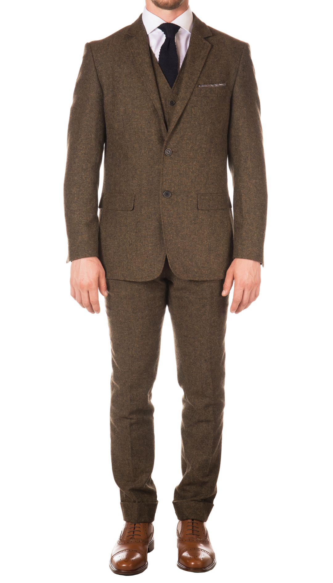 LANA MEN'S COGNAC SLIM FIT 3-PIECE TWEED SUIT | NOTCH LAPEL & TWEED WEAVE