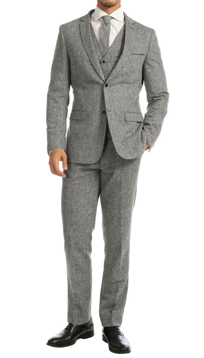 LANA MEN'S GREY SLIM FIT 3-PIECE TWEED SUIT | NOTCH LAPEL & TWEED WEAVE