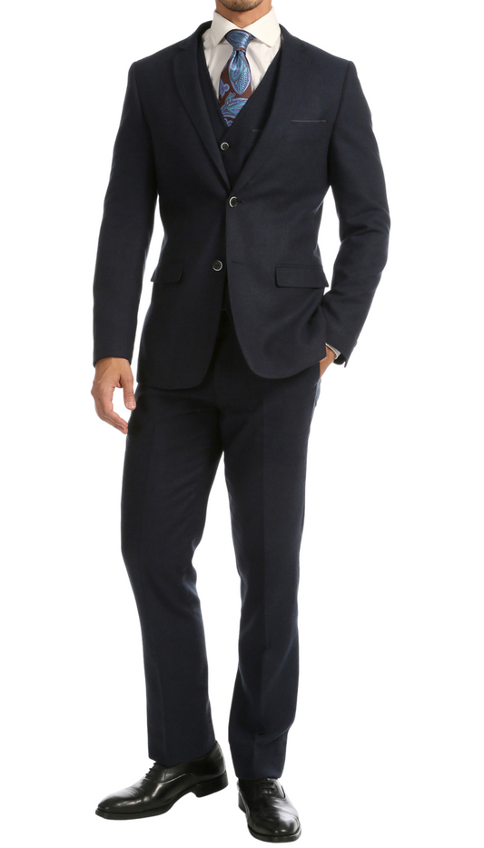 LANA MEN'S NAVY SLIM FIT 3-PIECE TWEED SUIT | NOTCH LAPEL & TWEED WEAVE