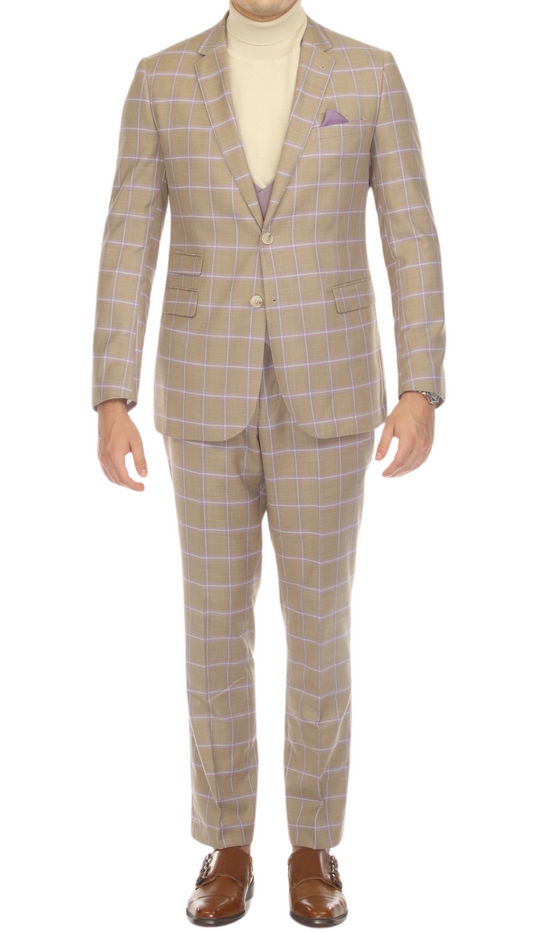 Consort Tan 2 Button Slim Notch Lapel Suit With Pick stitching "U" Shaped Vest Double Breasted Contrast Vest