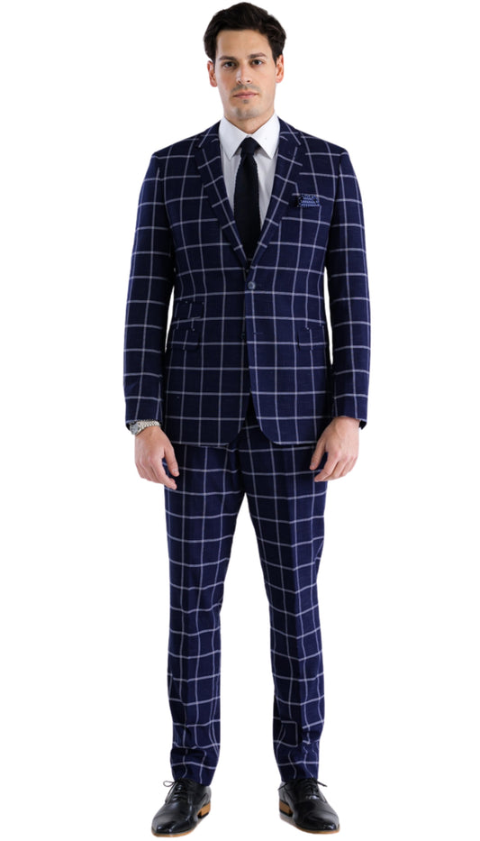 Rutland Copper Navy 2 Button Slim Notch Lapel Suit With Pick stitching "U" Shaped Vest Double Breasted
