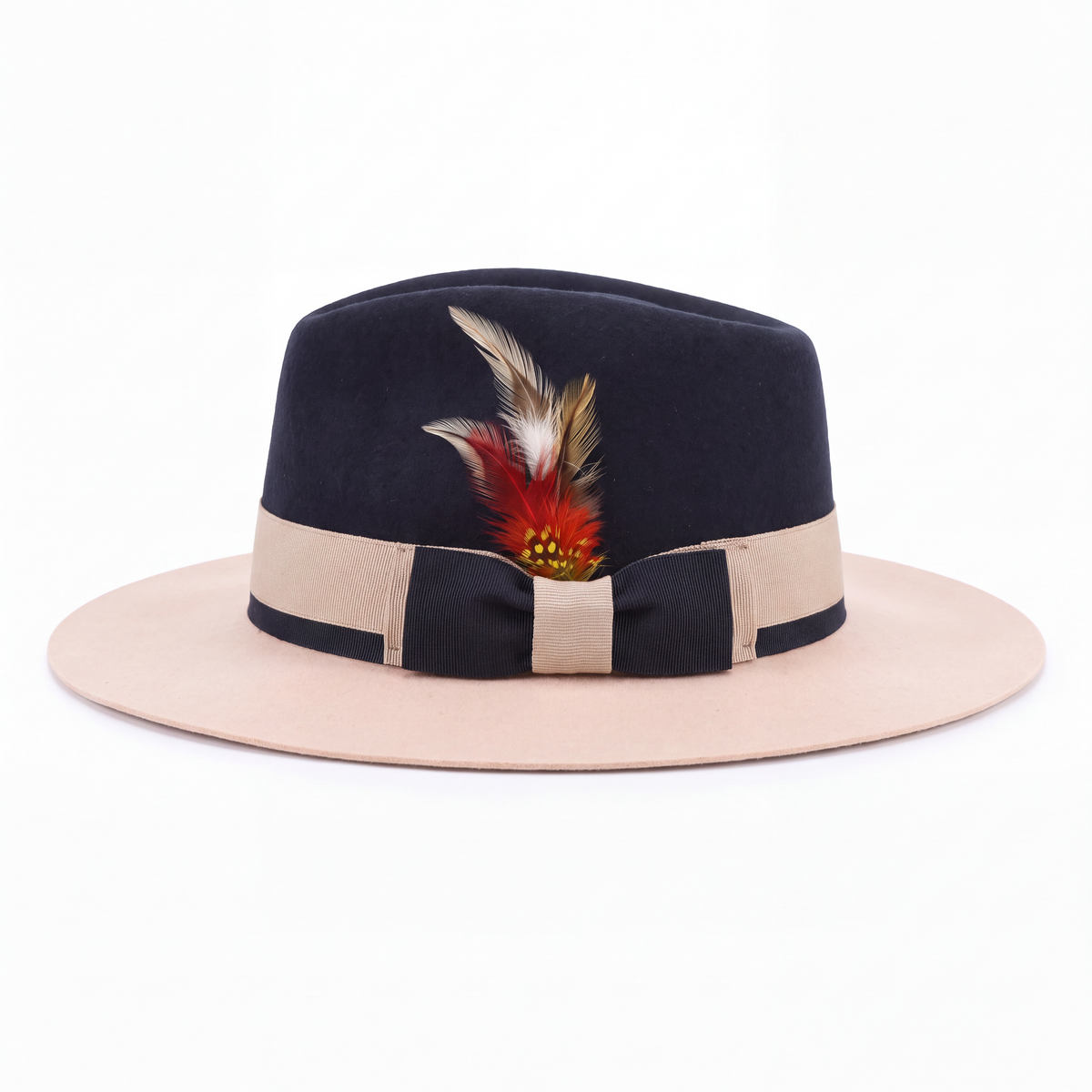 Mens Fedora Hat - Navy & Beige - Short Brim Dress Hat